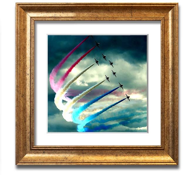 Air Show Square Framed Print featuring vibrant aviation artwork in a stylish frame, ready to hang.