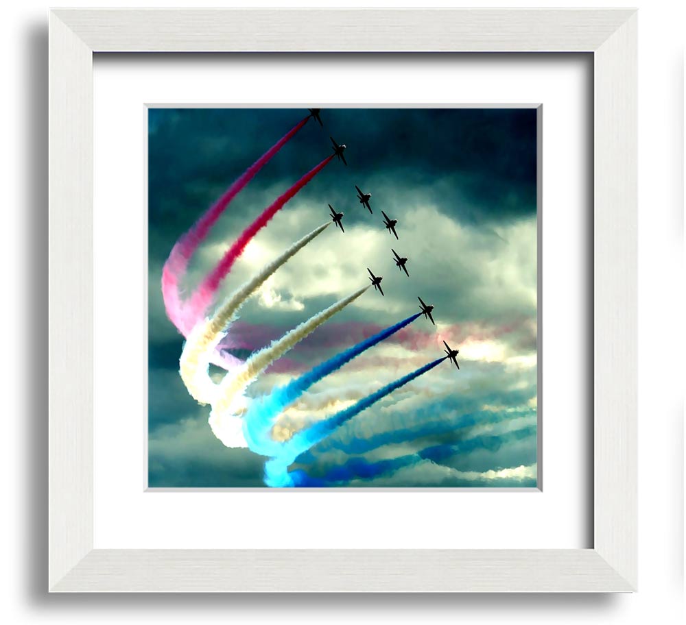 Air Show Square Framed Print featuring vibrant aviation artwork in a stylish frame, ready to hang.