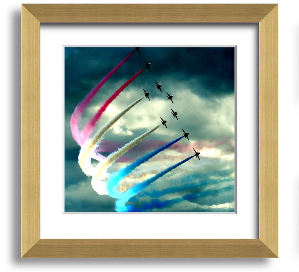 Air Show Square Framed Print featuring vibrant aviation artwork in a stylish frame, ready to hang.