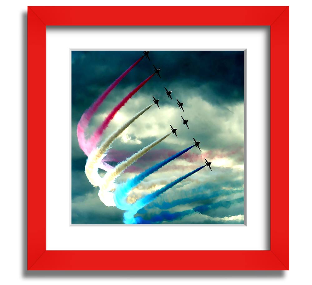 Air Show Square Framed Print featuring vibrant aviation artwork in a stylish frame, ready to hang.