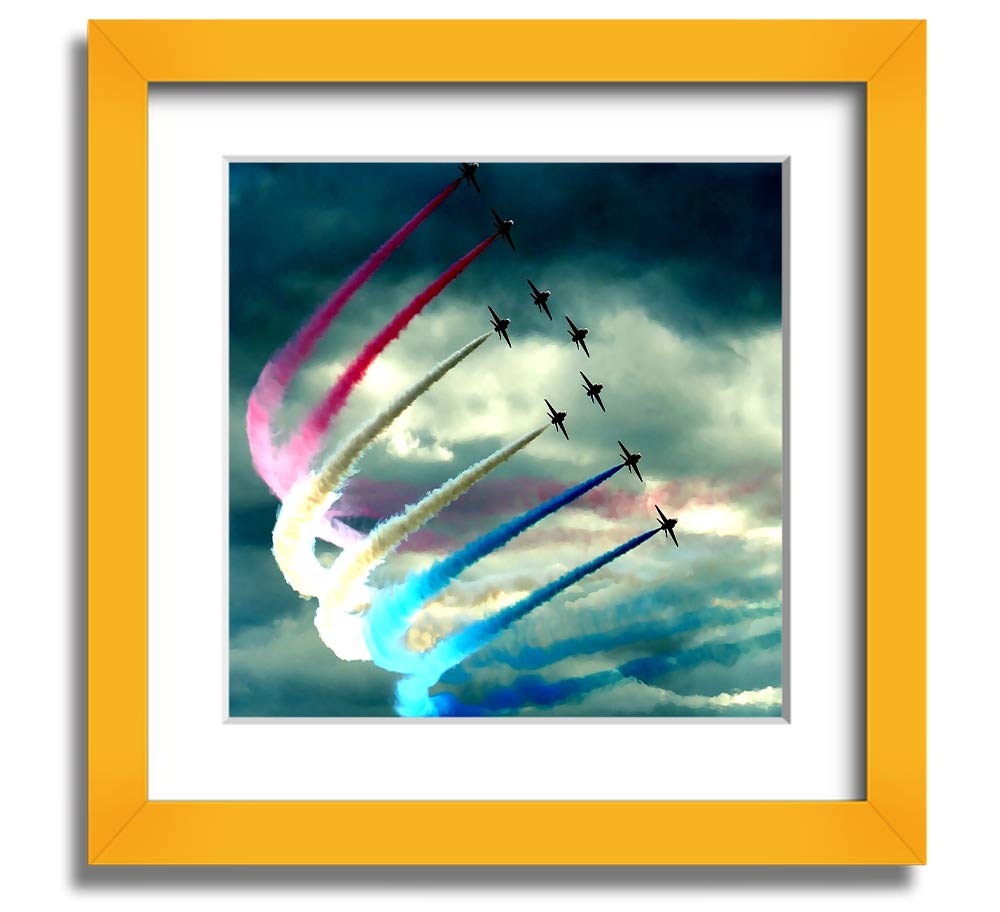 Air Show Square Framed Print featuring vibrant aviation artwork in a stylish frame, ready to hang.