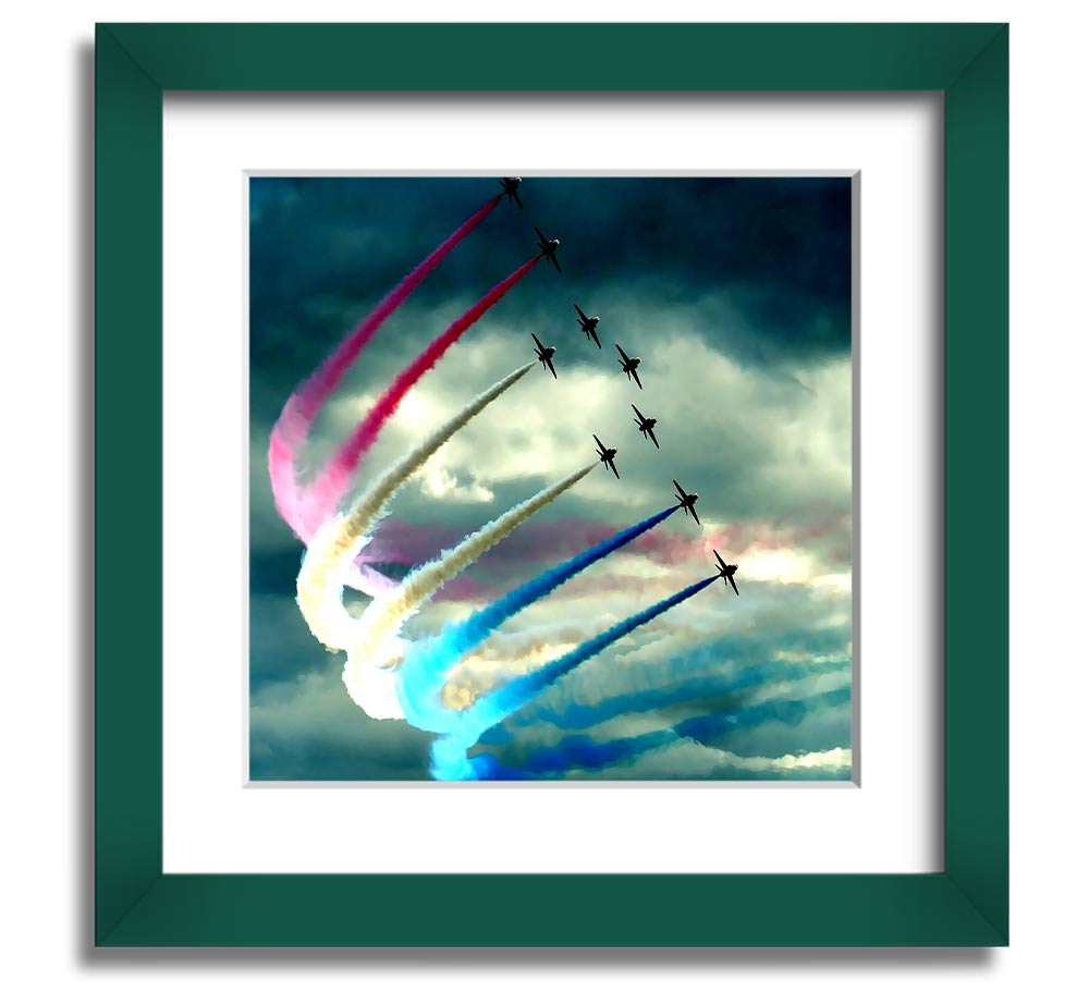 Air Show Square Framed Print featuring vibrant aviation artwork in a stylish frame, ready to hang.