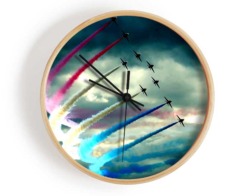 Air Show clock made from natural bamboo with a round face, available in black, white, and natural frame colors.