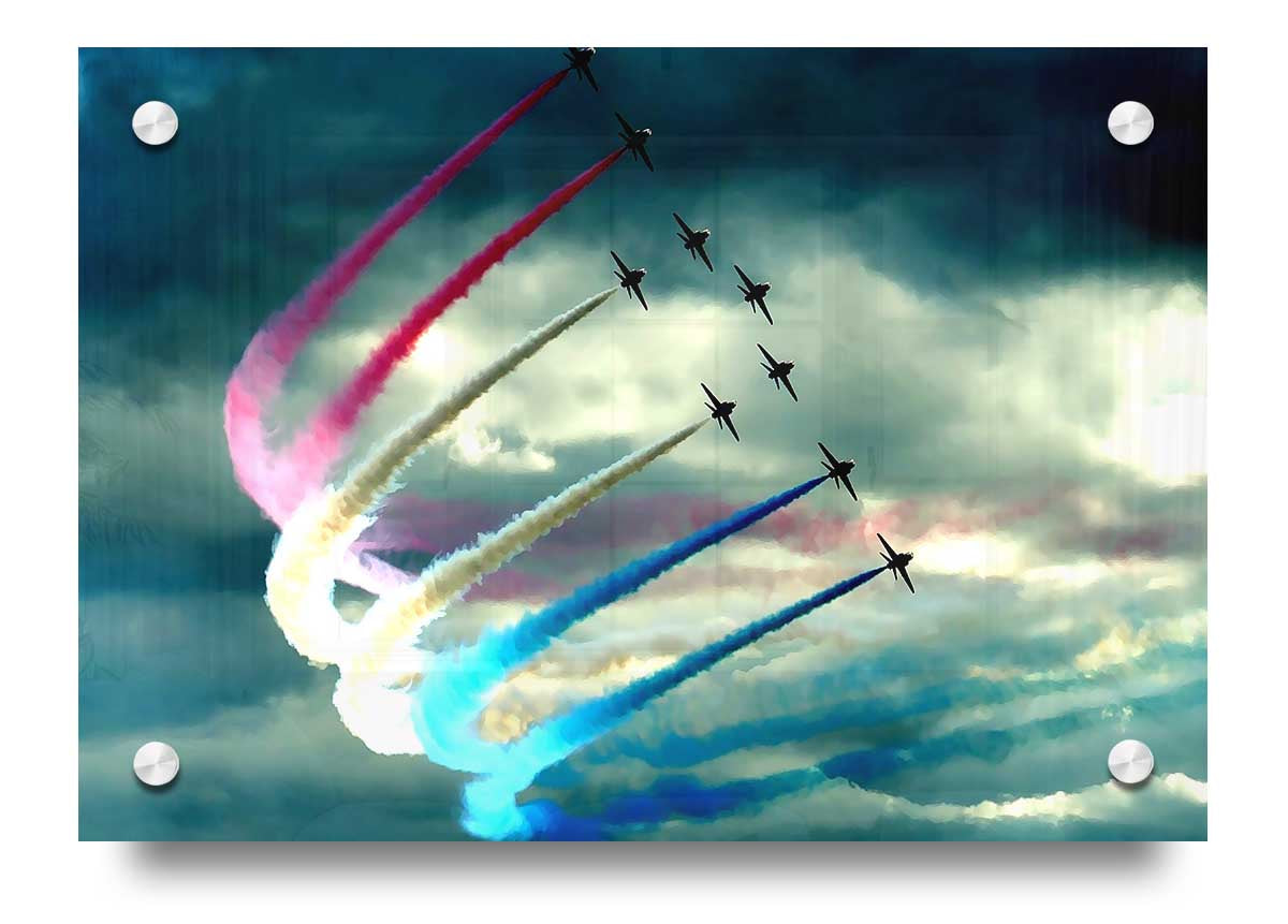 Air Show acrylic print showcasing vibrant colors on 5mm thick acrylic glass, ready to hang.