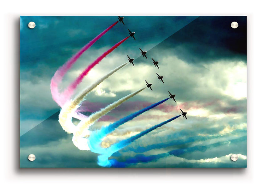 Air Show acrylic print showcasing vibrant colors on 5mm thick acrylic glass, ready to hang.