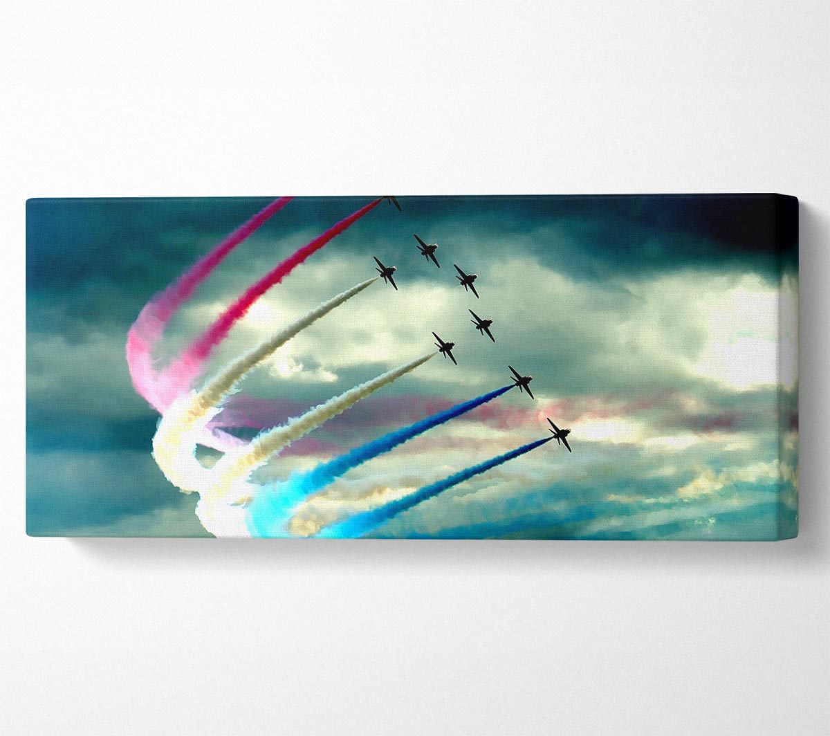 A vibrant Air Show canvas print mounted on a 44mm box frame, showcasing dynamic aviation imagery.