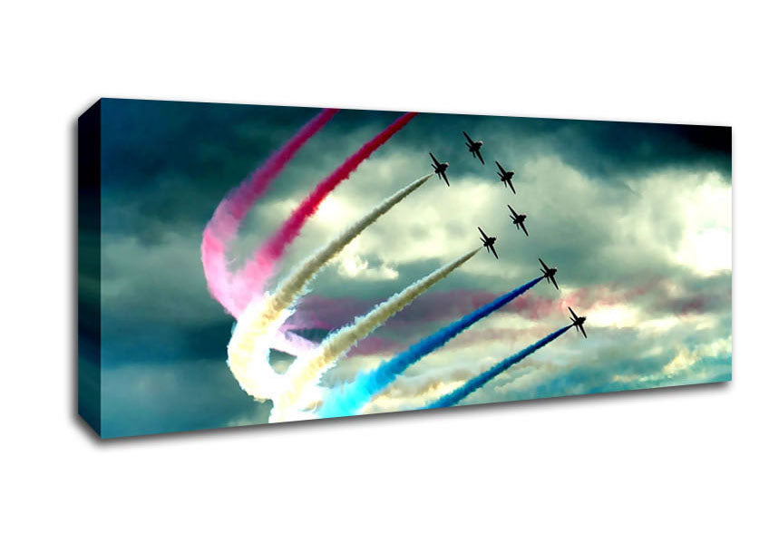 A vibrant Air Show canvas print mounted on a 44mm box frame, showcasing dynamic aviation imagery.