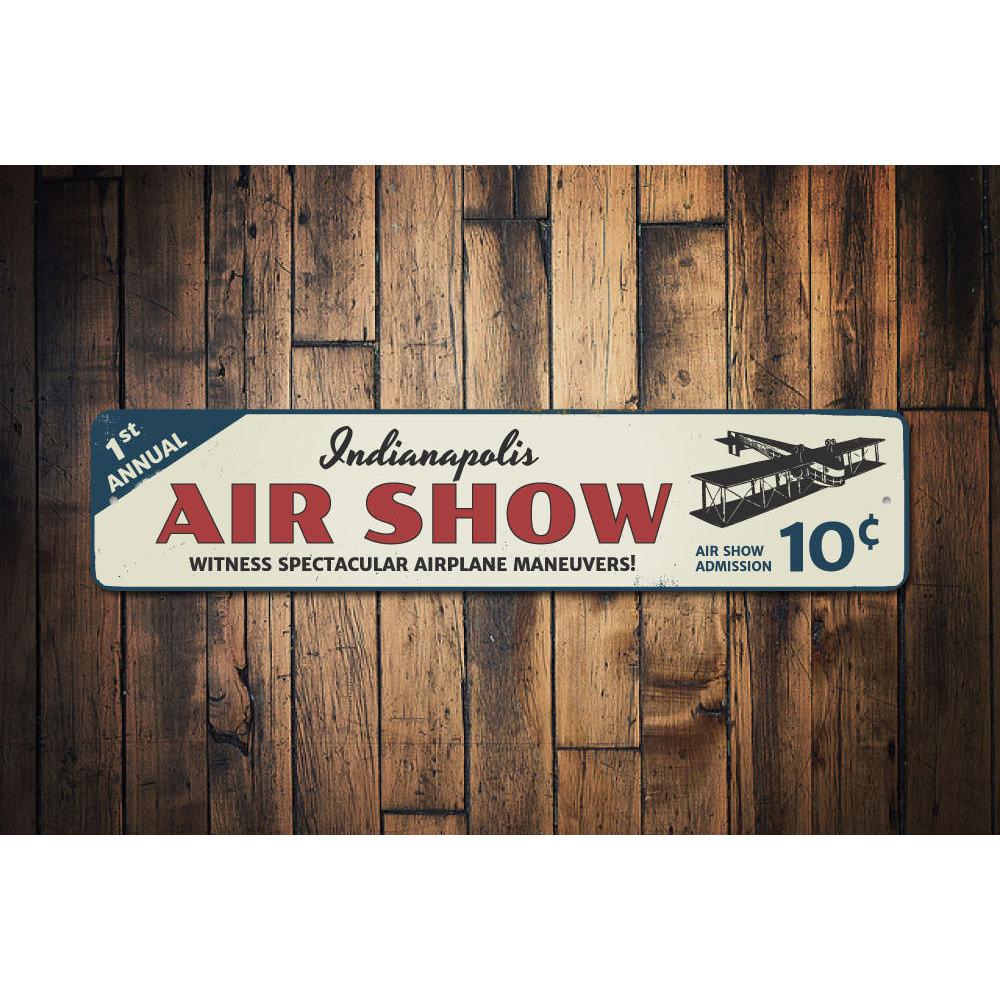 Customizable Air Show City Sign made of durable aluminum, featuring pre-drilled holes for easy mounting.