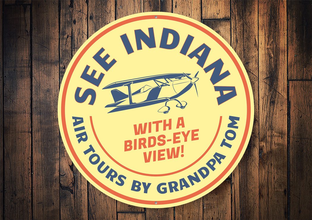 Air Tours Bird's Eye View Aviation Sign made of high-quality aluminum, featuring a vibrant aviation design suitable for home decor.