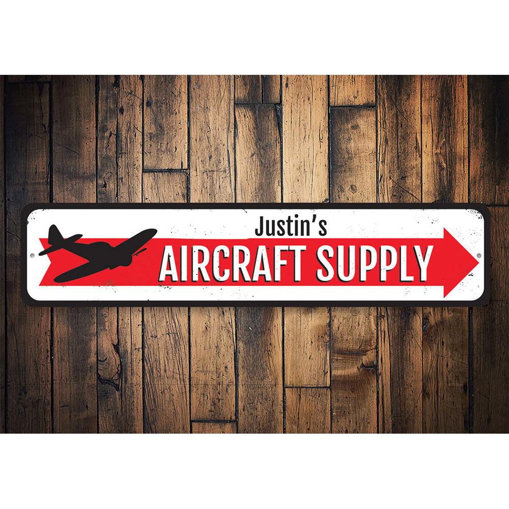 A decorative Aircraft Supply Sign made of high-quality aluminum, featuring customizable text and pre-drilled holes for easy mounting.