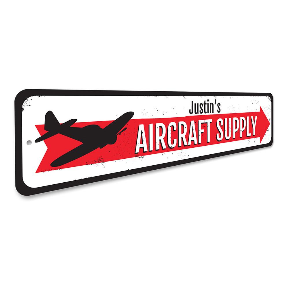 A decorative Aircraft Supply Sign made of high-quality aluminum, featuring customizable text and pre-drilled holes for easy mounting.