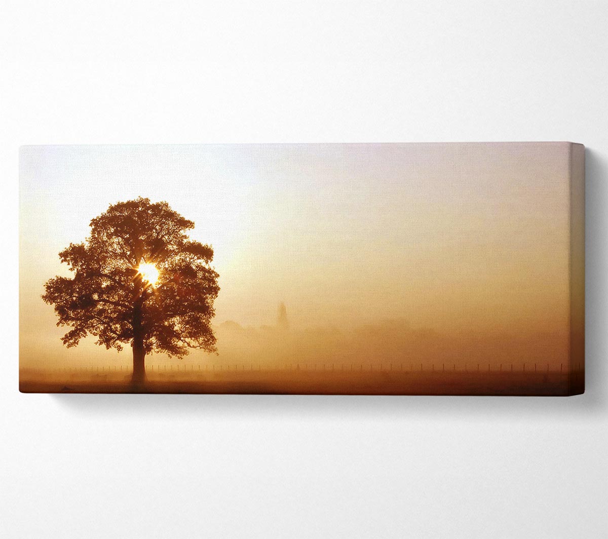 Airfield Sunrise canvas art featuring a vibrant sunrise over an airfield, mounted on a sturdy 44mm box frame, ready to hang.