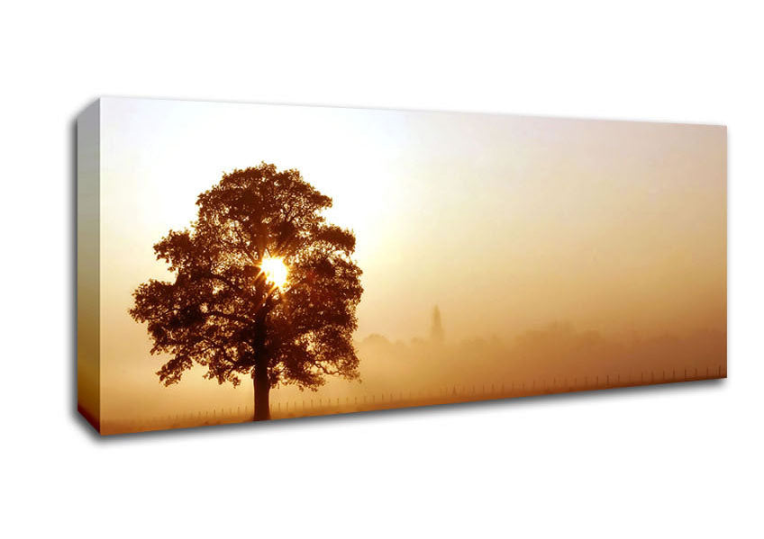 Airfield Sunrise canvas art featuring a vibrant sunrise over an airfield, mounted on a sturdy 44mm box frame, ready to hang.