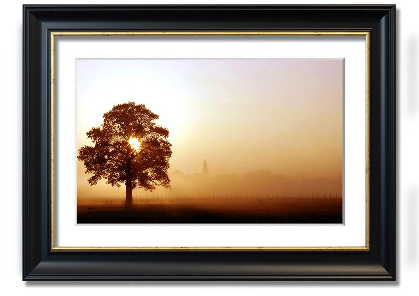 Airfield Sunrise framed print showcasing a vibrant sunrise over an airfield, available in various frame colors.