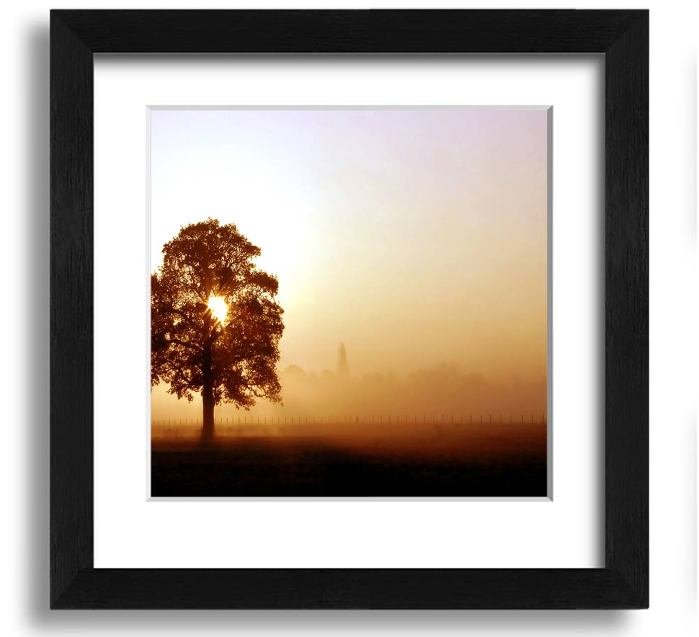 Airfield Sunrise Square Framed Print showcasing a vibrant sunrise over an airfield, framed in a stylish border.