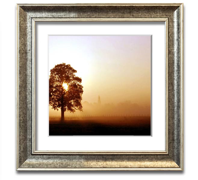 Airfield Sunrise Square Framed Print showcasing a vibrant sunrise over an airfield, framed in a stylish border.