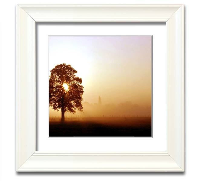 Airfield Sunrise Square Framed Print showcasing a vibrant sunrise over an airfield, framed in a stylish border.