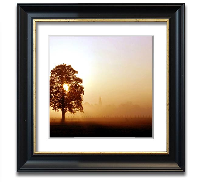 Airfield Sunrise Square Framed Print showcasing a vibrant sunrise over an airfield, framed in a stylish border.