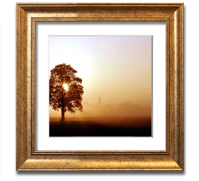 Airfield Sunrise Square Framed Print showcasing a vibrant sunrise over an airfield, framed in a stylish border.