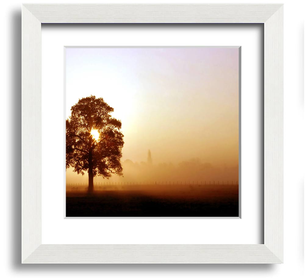 Airfield Sunrise Square Framed Print showcasing a vibrant sunrise over an airfield, framed in a stylish border.