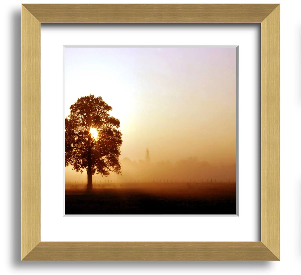 Airfield Sunrise Square Framed Print showcasing a vibrant sunrise over an airfield, framed in a stylish border.