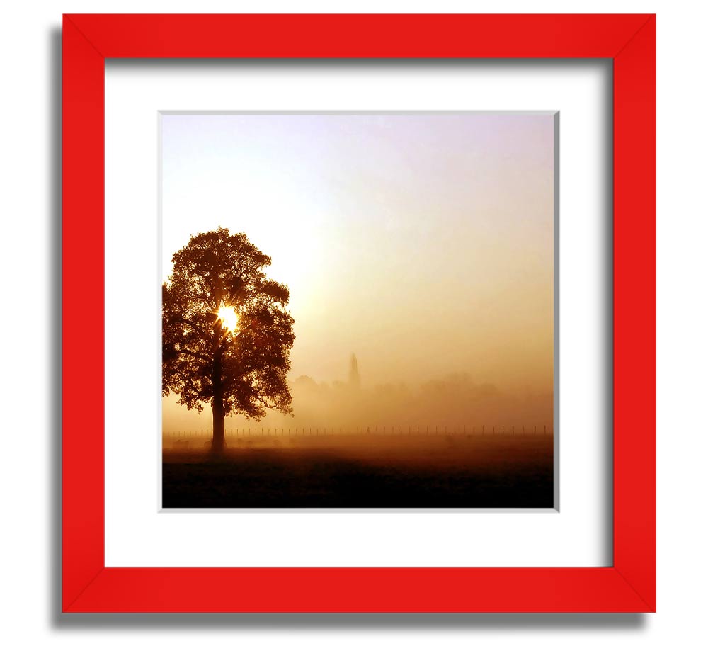 Airfield Sunrise Square Framed Print showcasing a vibrant sunrise over an airfield, framed in a stylish border.