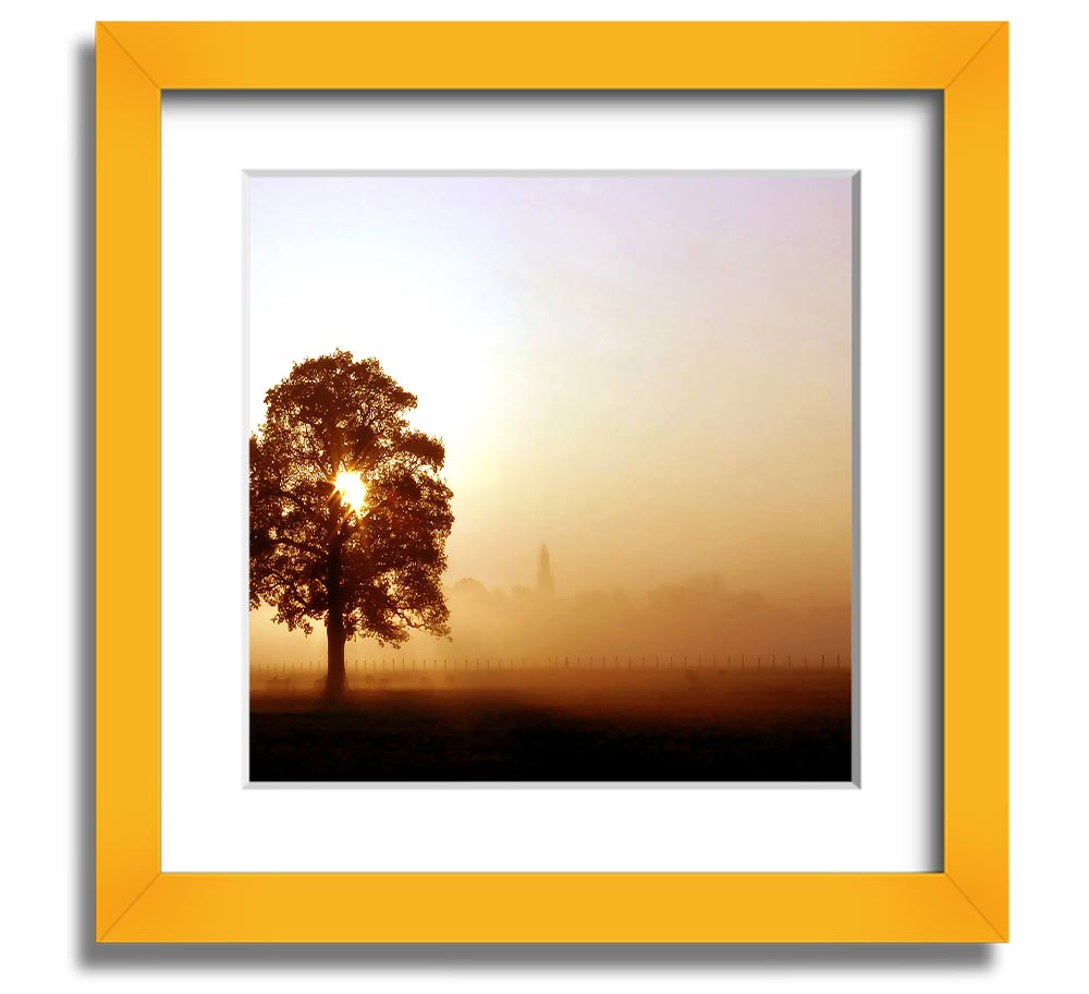 Airfield Sunrise Square Framed Print showcasing a vibrant sunrise over an airfield, framed in a stylish border.