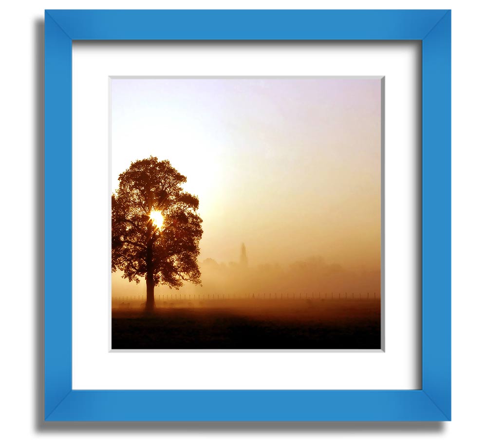 Airfield Sunrise Square Framed Print showcasing a vibrant sunrise over an airfield, framed in a stylish border.