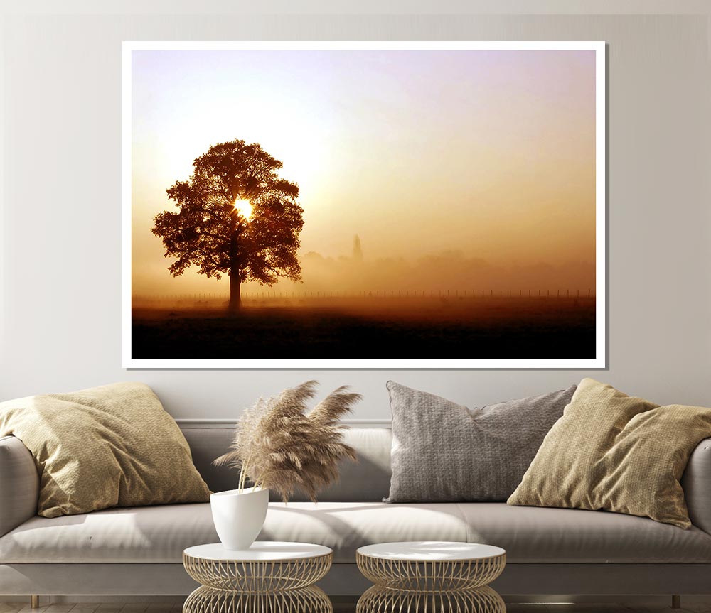 Airfield Sunrise poster on high-quality canvas showcasing vibrant colors of a sunrise over an airfield.