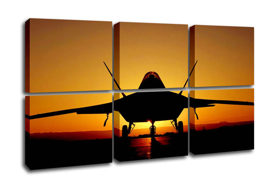 A beautiful canvas art piece depicting an airplane at sunset, showcasing vibrant colors and a sleek box frame.