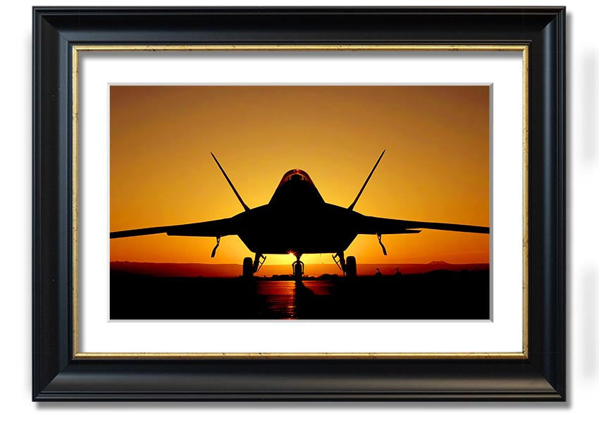 Framed print of an airplane at sunset, showcasing vibrant colors and a beautiful silhouette.