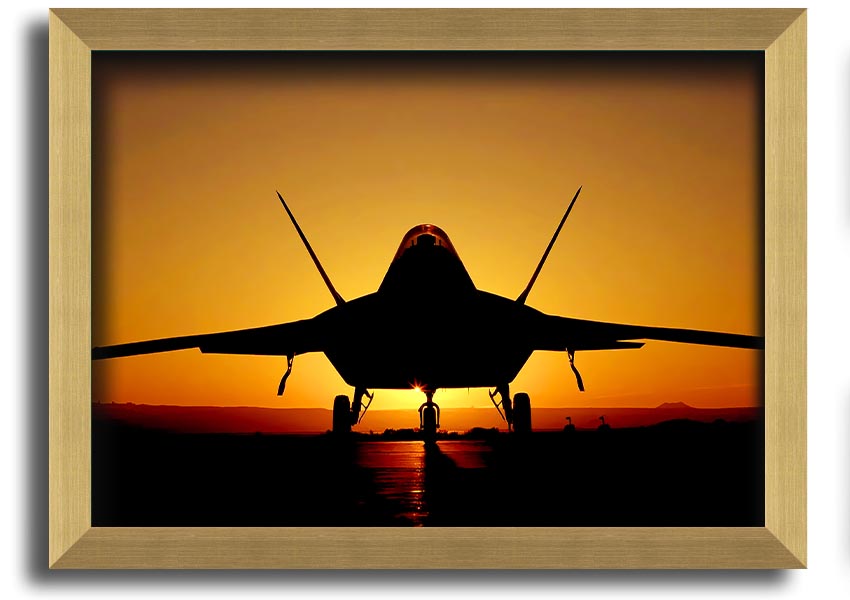 Framed print of an airplane at sunset, showcasing vibrant colors and a beautiful silhouette.