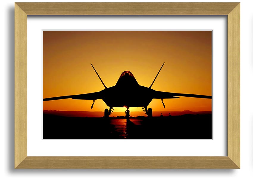 Framed print of an airplane at sunset, showcasing vibrant colors and a beautiful silhouette.