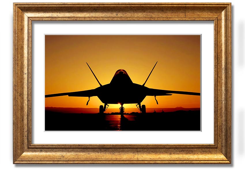 Framed print of an airplane at sunset, showcasing vibrant colors and a beautiful silhouette.