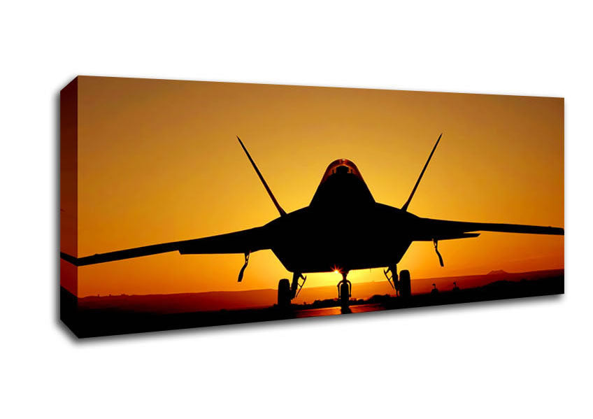 A beautiful canvas print of an airplane flying against a vibrant sunset sky, mounted on a sturdy box frame.