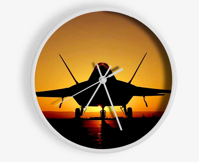 A stylish bamboo clock featuring an artistic design of an airplane at sunset, perfect for home decor.