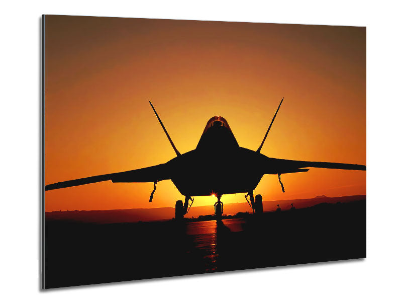 A stunning artwork of an airplane silhouetted against a vibrant sunset, printed on brushed aluminium dibond.