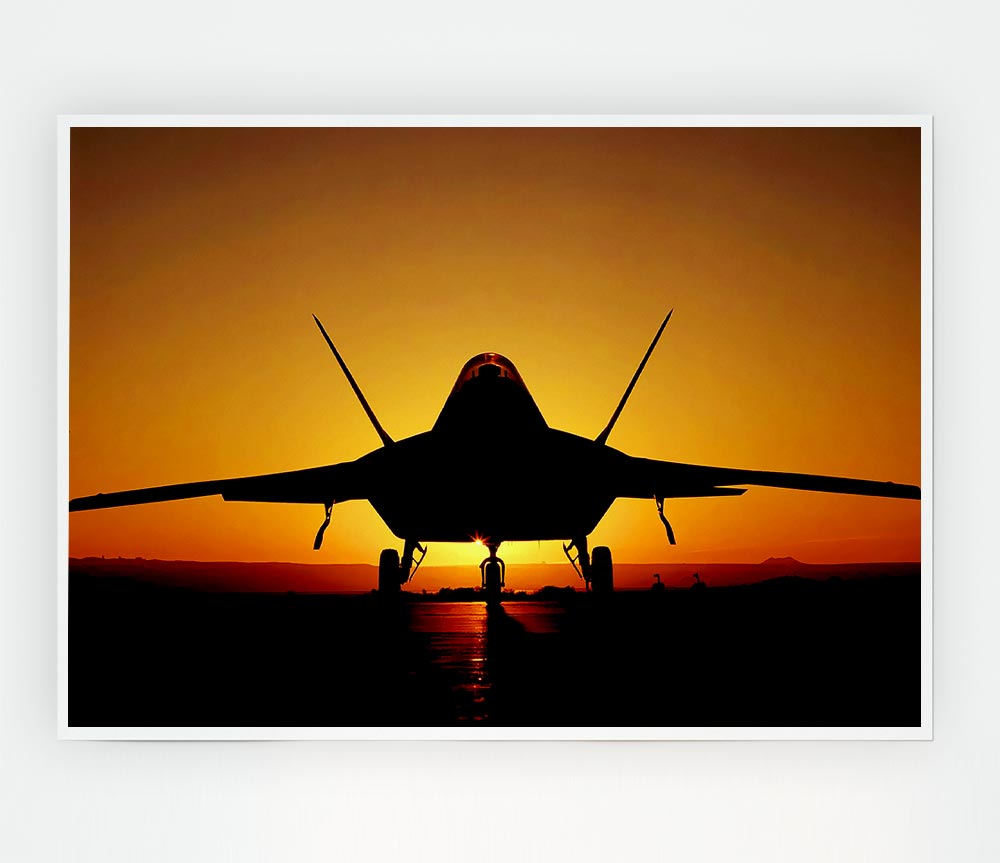 A beautiful canvas poster of an airplane silhouetted against a vibrant sunset sky.