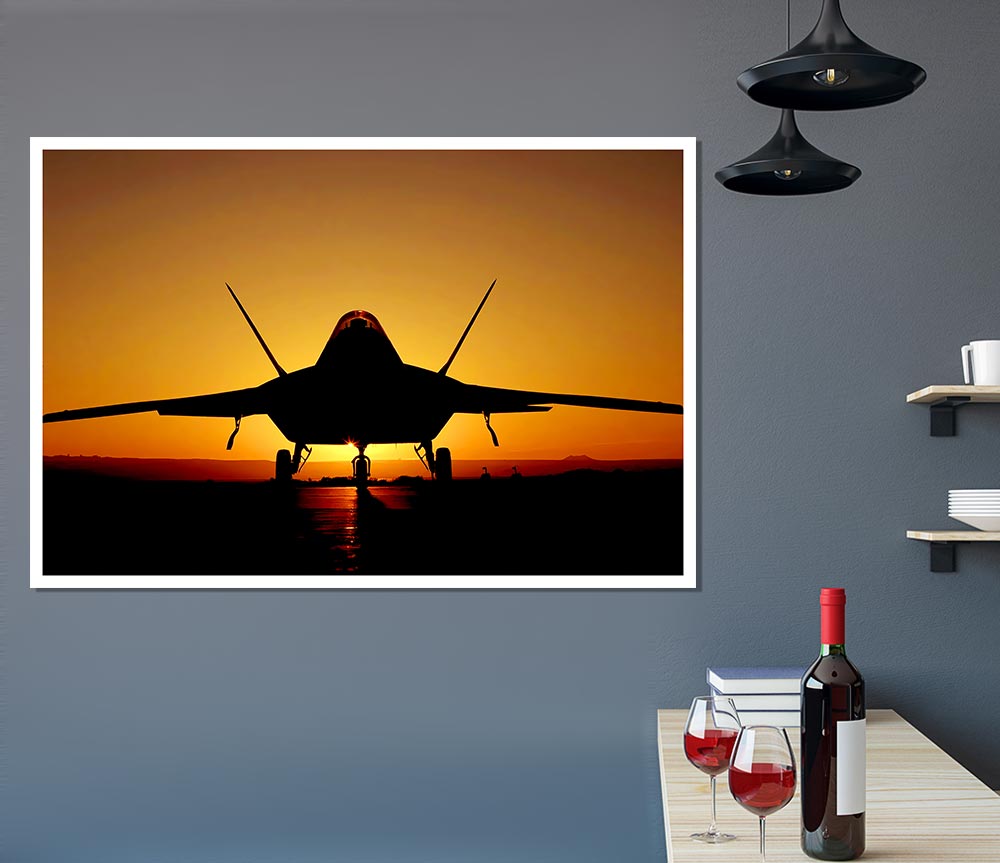 A beautiful canvas poster of an airplane silhouetted against a vibrant sunset sky.