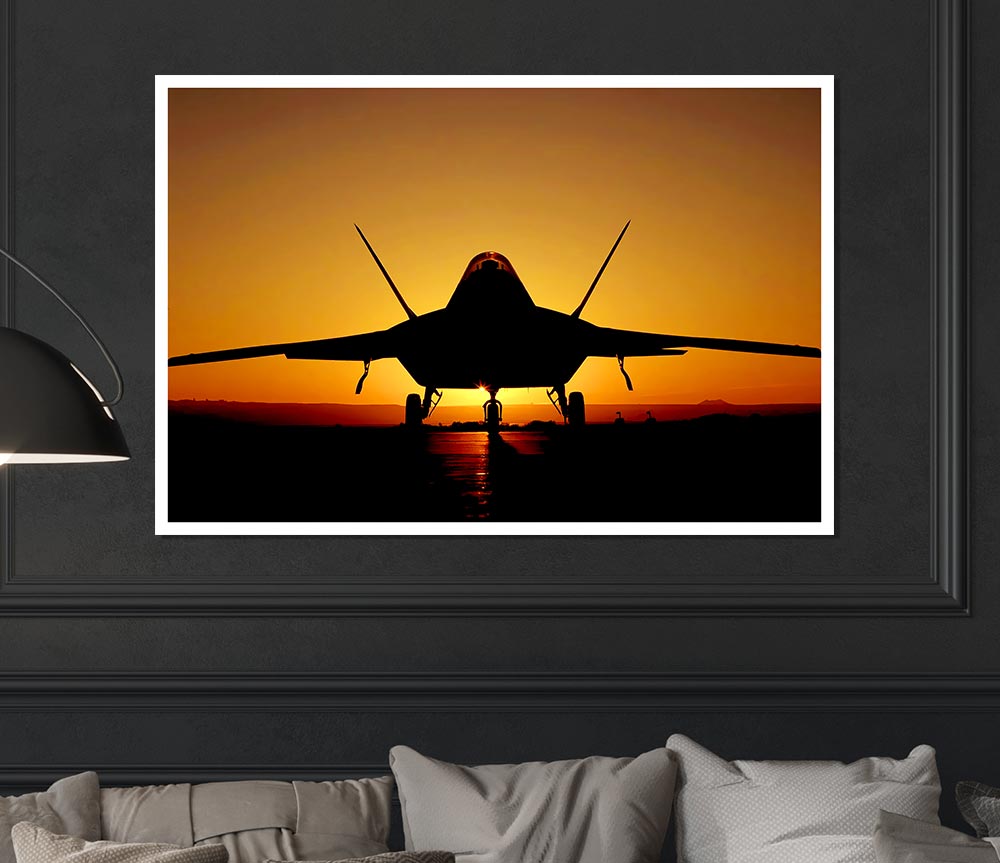 A beautiful canvas poster of an airplane silhouetted against a vibrant sunset sky.