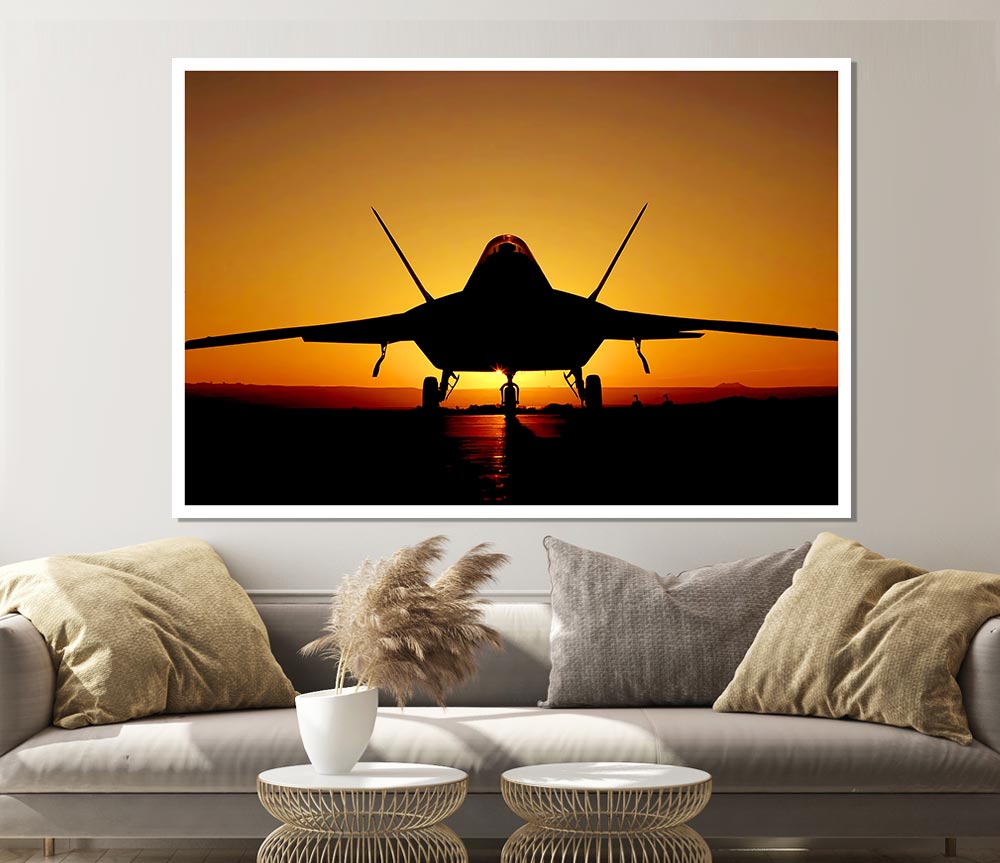 A beautiful canvas poster of an airplane silhouetted against a vibrant sunset sky.