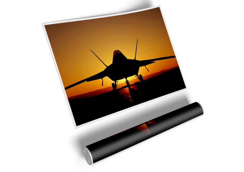 A beautiful canvas poster of an airplane silhouetted against a vibrant sunset sky.