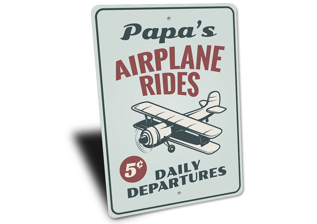 Customizable Airplane Ride Sign made of high-quality aluminum, featuring aviation-themed design, perfect for home decor.