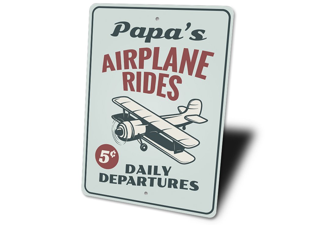 Customizable Airplane Ride Sign made of high-quality aluminum, featuring aviation-themed design, perfect for home decor.