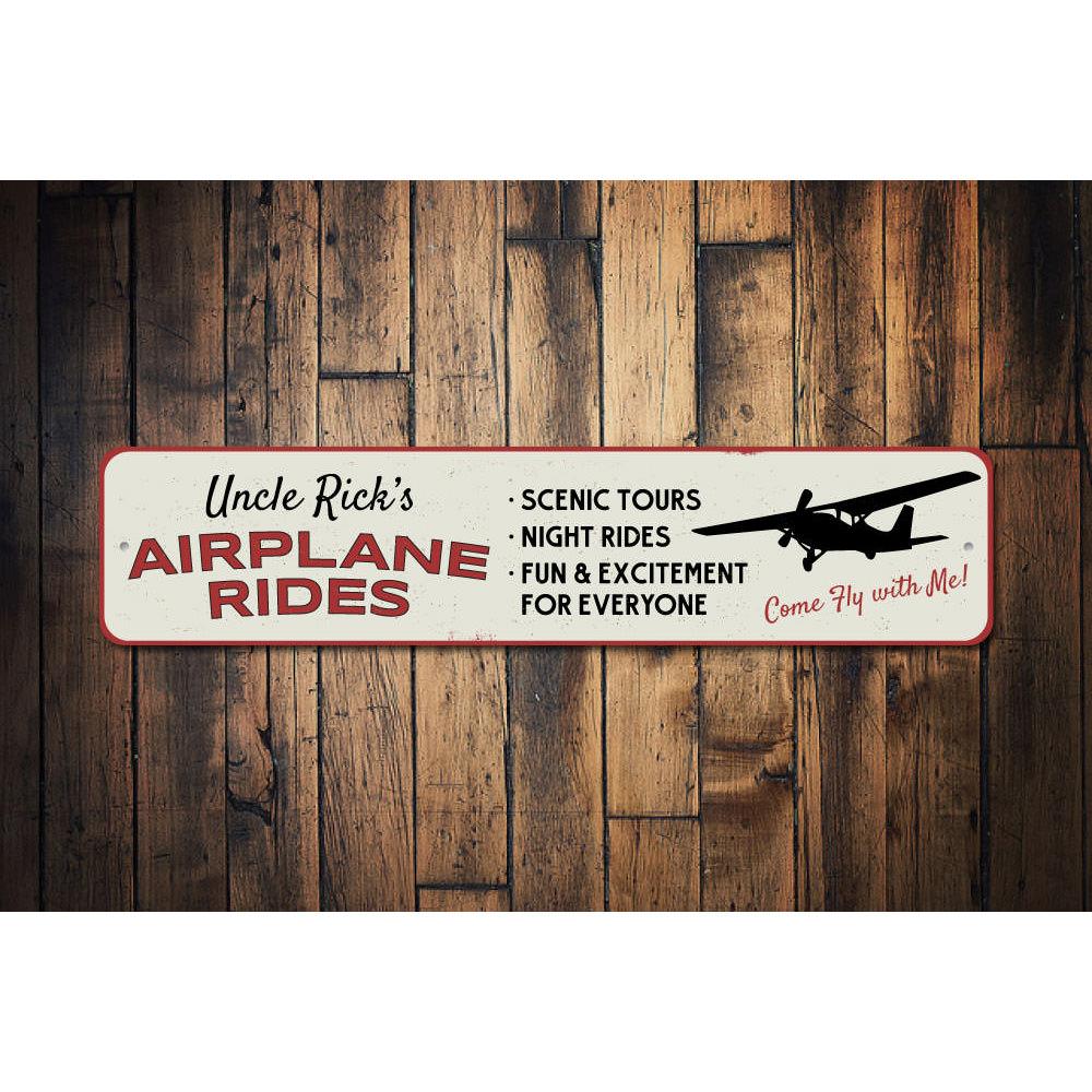 Personalized Airplane Rides Name Sign made of aluminum, featuring custom text and pre-drilled holes for easy mounting.