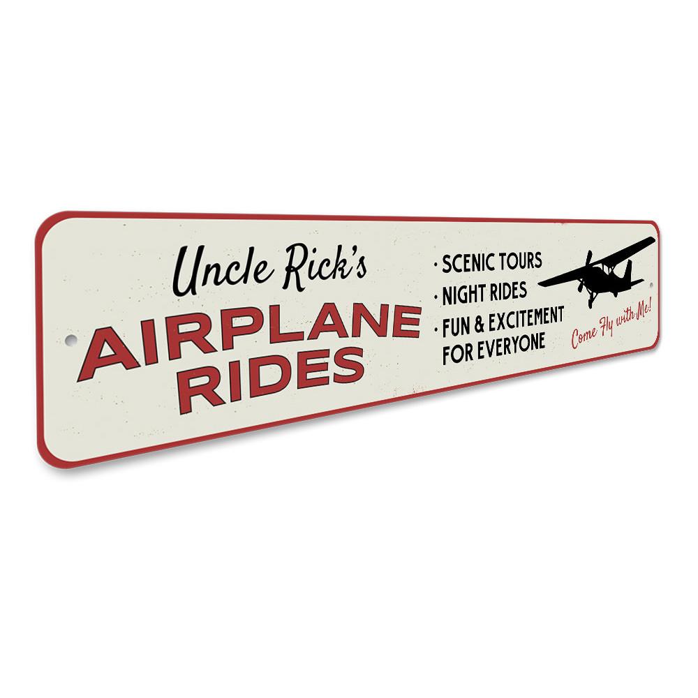 Personalized Airplane Rides Name Sign made of aluminum, featuring custom text and pre-drilled holes for easy mounting.