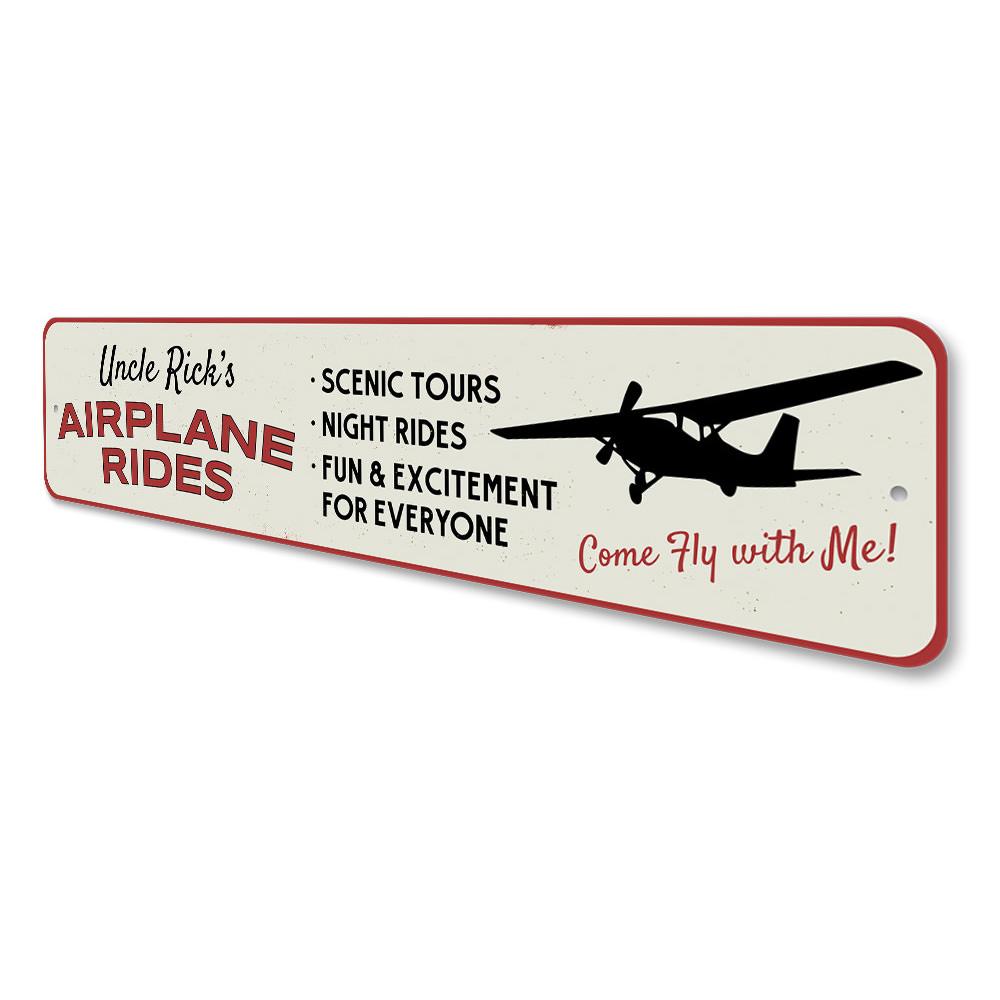 Personalized Airplane Rides Name Sign made of aluminum, featuring custom text and pre-drilled holes for easy mounting.