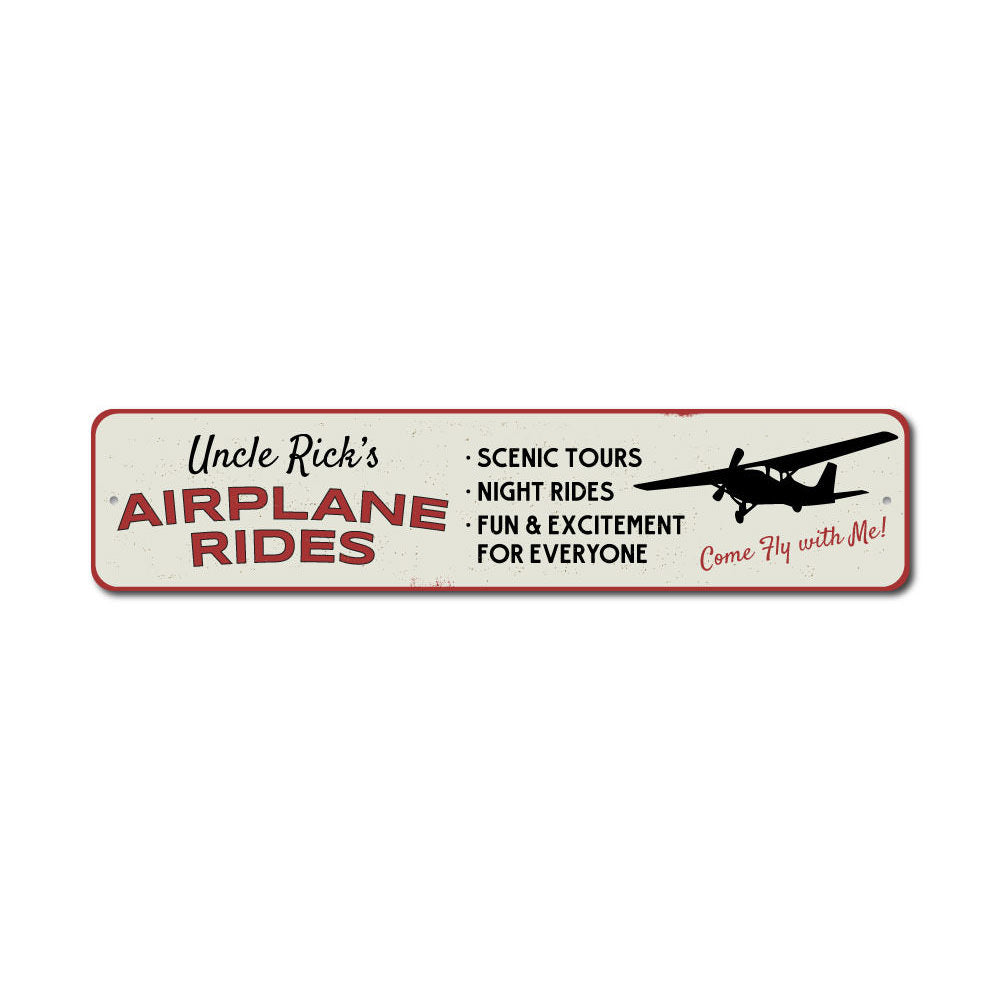 Personalized Airplane Rides Name Sign made of aluminum, featuring custom text and pre-drilled holes for easy mounting.