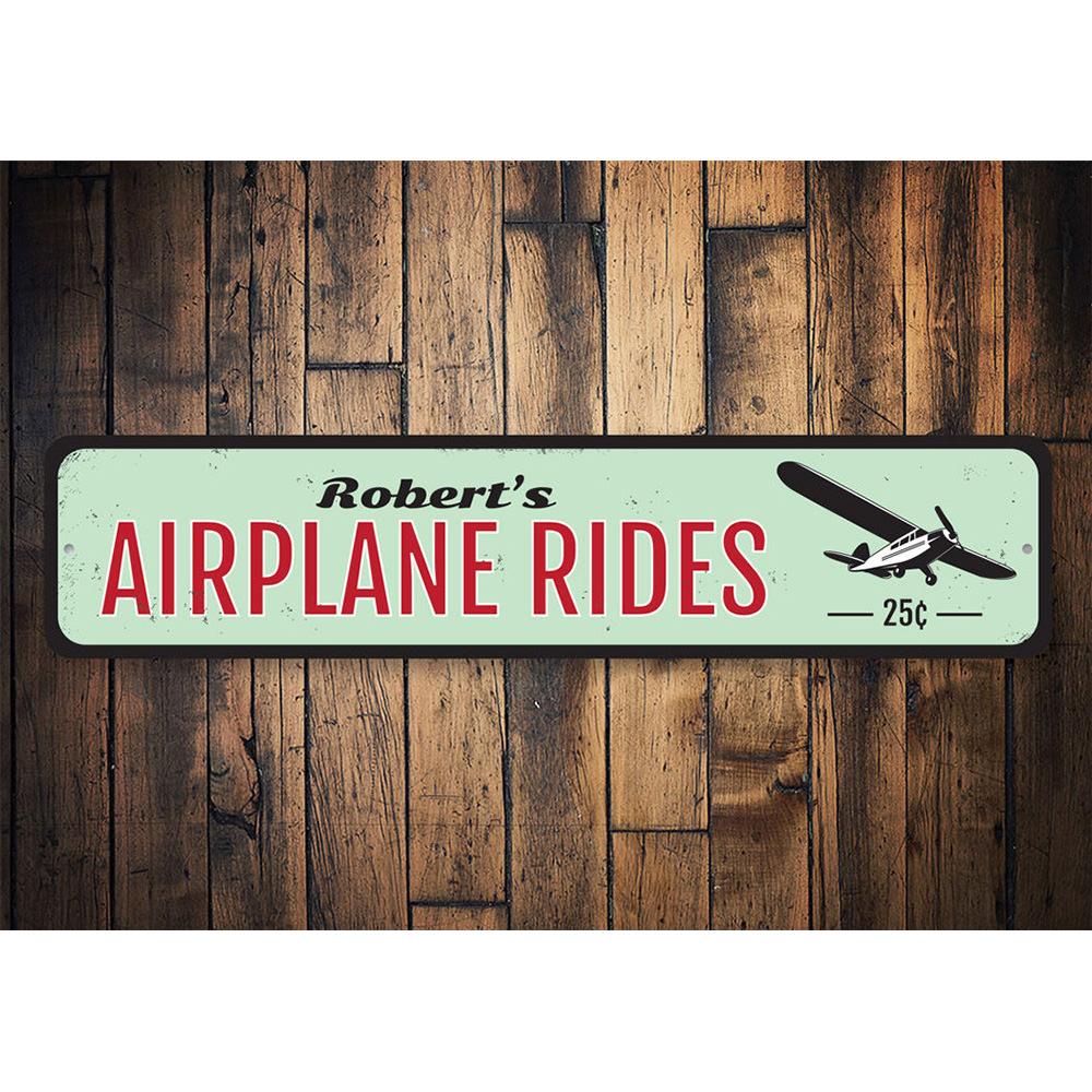 Customizable Airplane Rides Sign made of aluminum, featuring aviation-themed design, suitable for indoor and outdoor use.