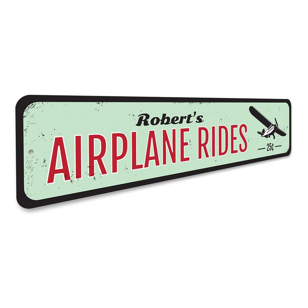 Customizable Airplane Rides Sign made of aluminum, featuring aviation-themed design, suitable for indoor and outdoor use.